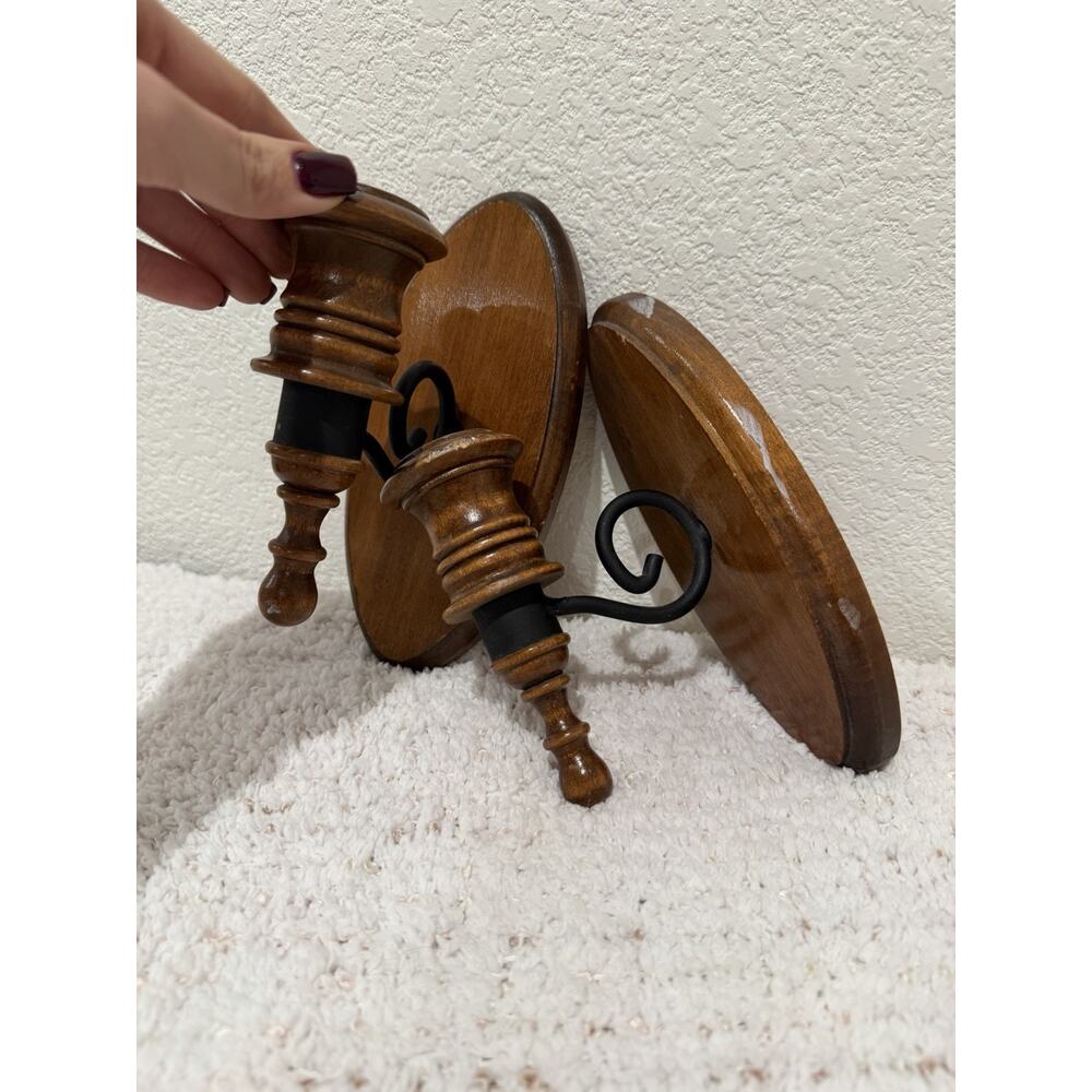 Pair of Vintage 1970s Wood Candle Holder Wall Sconce Mid Century